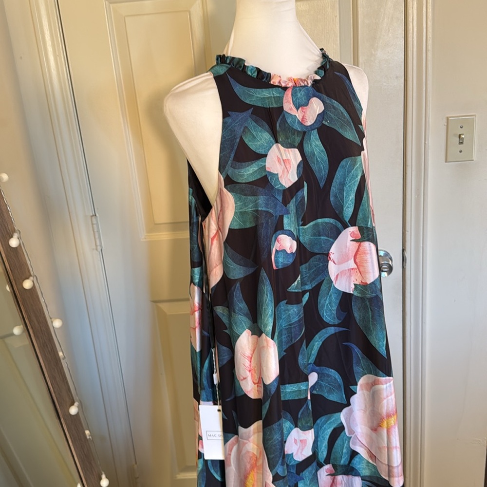 Mac Duggal Teal Floral Maxi Dress with Pink and White Blooms - Picture 6 of 14